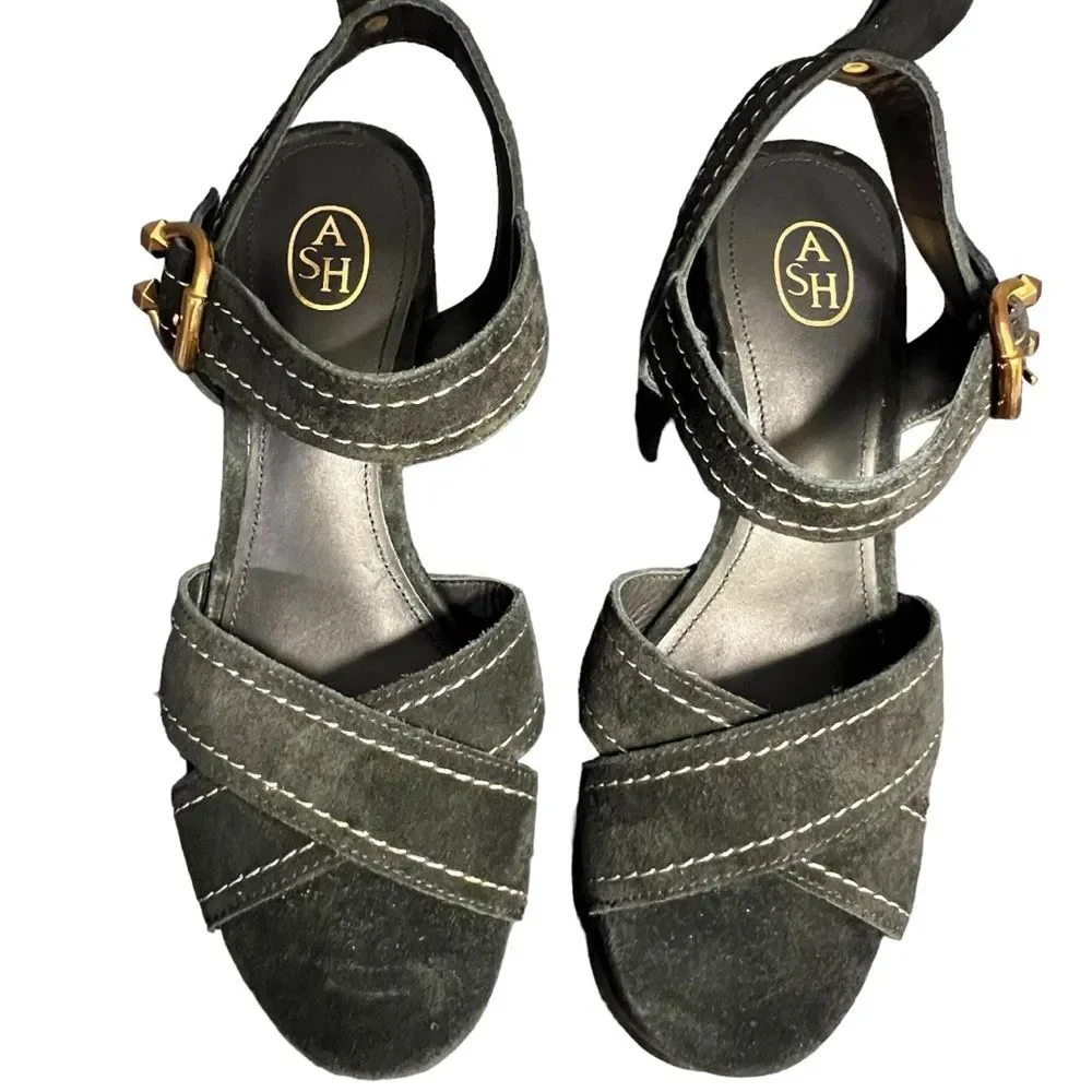 ASH Black Suede Melany Platform Sandal Ankle Strap 70s Retro Size 10 (EU 40)NWOT